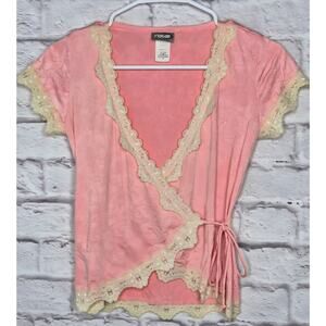 Vintage Y2K Rave Pink Lace Trim Wrap Top Size S Coquette Fairycore mcbling